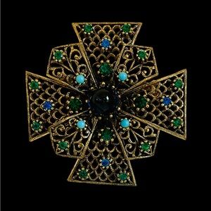 Vintage Signed JJ Goldtone Maltese Cross Brooch With Rhinestones & Resin Stones